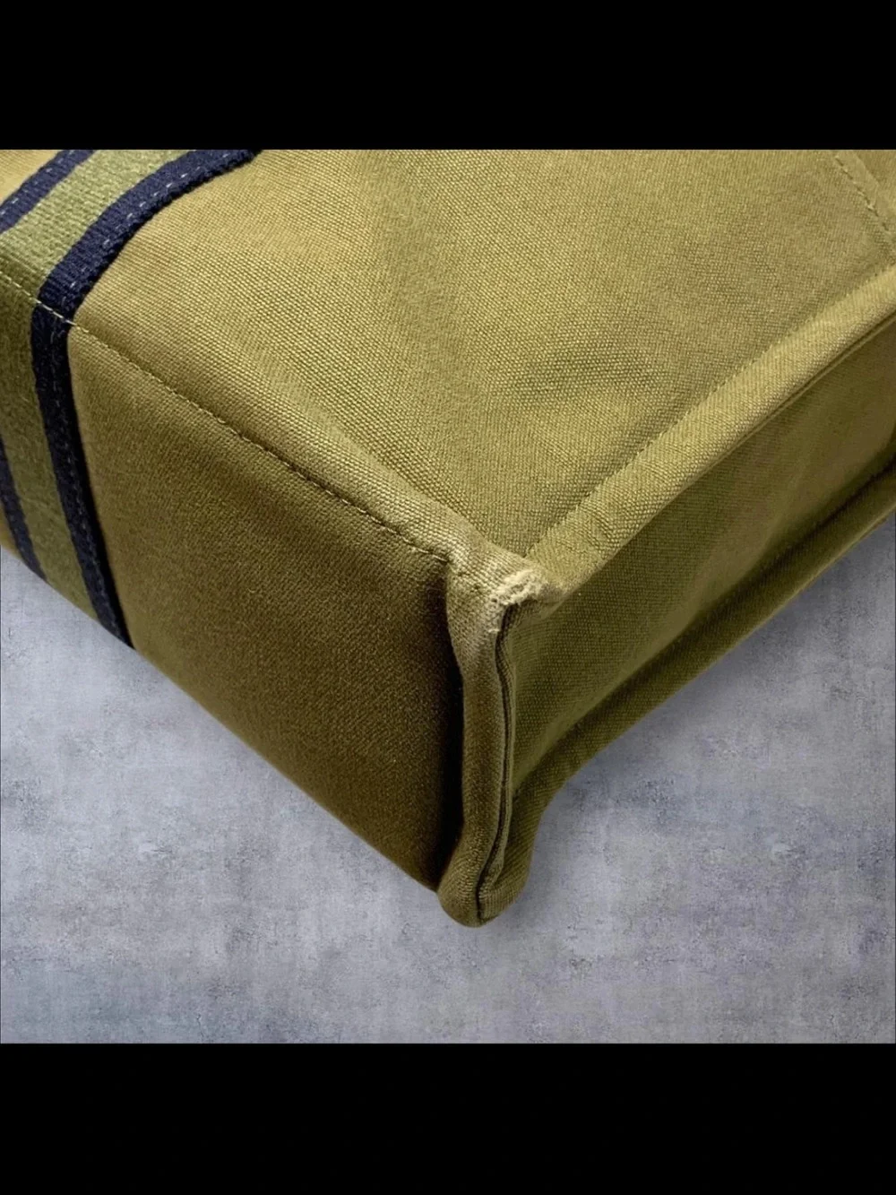 Hermes Olive Green Canvas Tote with Navy Stripe Handles